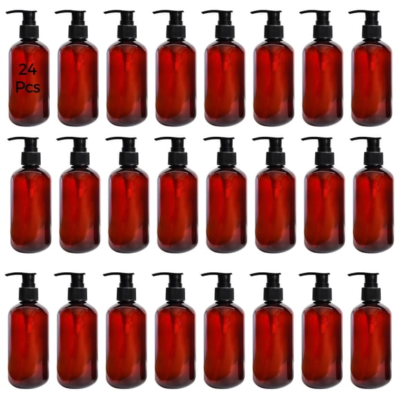 24 Amber Plastic Pump Dispensers, 8 Oz Refillable Liquid Containers, Travel-Size Bottles With Secure Pumps For Lotion, Shampoo, Body Wash