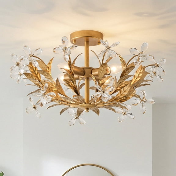 24" Antique Gold 4-Light Dimmable Crystal Semi-Flush Mount Ceiling Light, Distressed Gold Leaf Design with Crystal Flowers, for Living Room, Bedroom, Dining Room