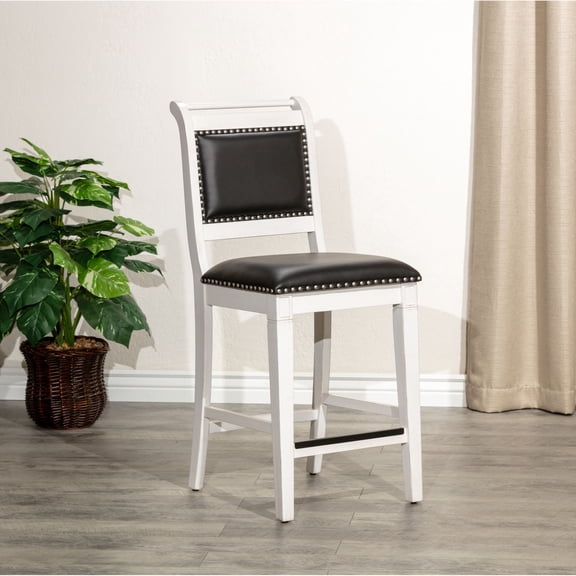 24" Antique White Leather Stool, Comfortable Design / Ideal for Kitchen and Bar Areas