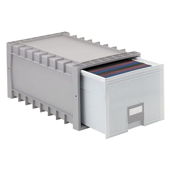 24" Archive Letter/Legal Box - Light Grey Plastic File Box - Heavy Duty, Stackable Storage Container with Wheels & Label Holder - 11.5"H x 15.13"W x 24"D