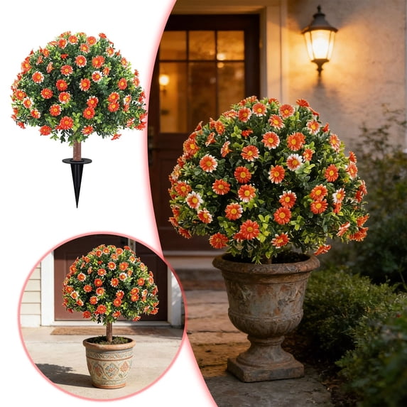 24" Artificial Boxwood Topiary Ball Trees With Ground Spike, Greenery Shrubs Mums Plants, Evergreen For Garden, Patio, Porch, Yard (Orange)