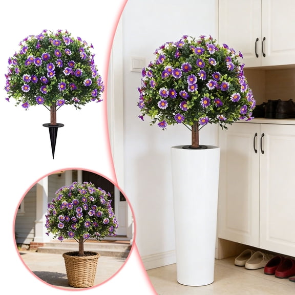 24" Artificial Boxwood Topiary Ball Trees With Ground Spike, Greenery Shrubs Mums Plants, Evergreen For Garden, Patio, Porch, Yard (Purple)