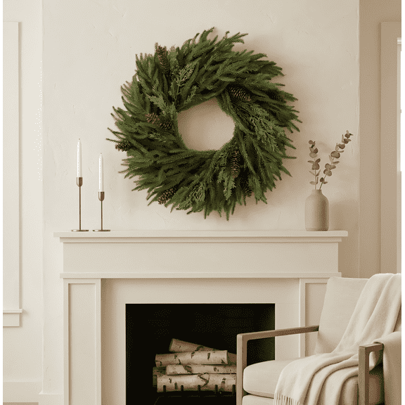 24" Artificial Cedar Christmas Wreath for Front Door - Winter Holiday Greenery Decor with Pinecones, Lifelike Farmhouse Wreath for Indoor & Outdoor Mantle Display
