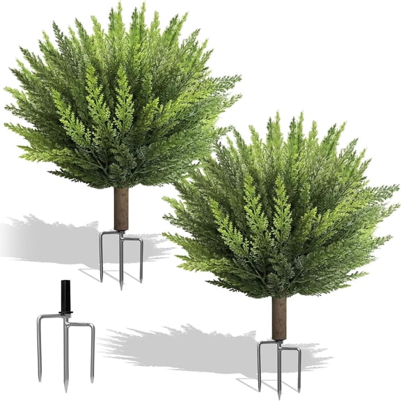 24'' Artificial Cedar Topiary Trees Pack of 2, UV Protected Fade-Resistant Faux  with 3-Prong Metal Ground Spikes, Maintenance-Free Outdoor  Ball Trees for Front Porch and Garden Decor