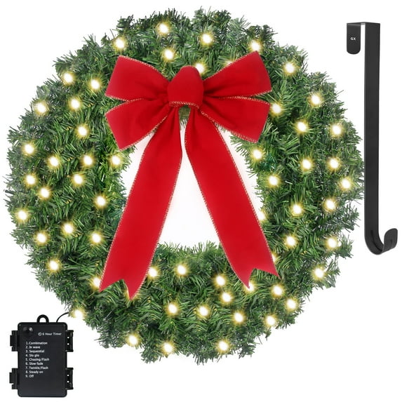 24" Artificial Christmas Door Wreath Prelit 75LEDs String Light with Timer for Front Door Winter Wreath 15in Hanger Holiday Outdoor Indoor Decoration
