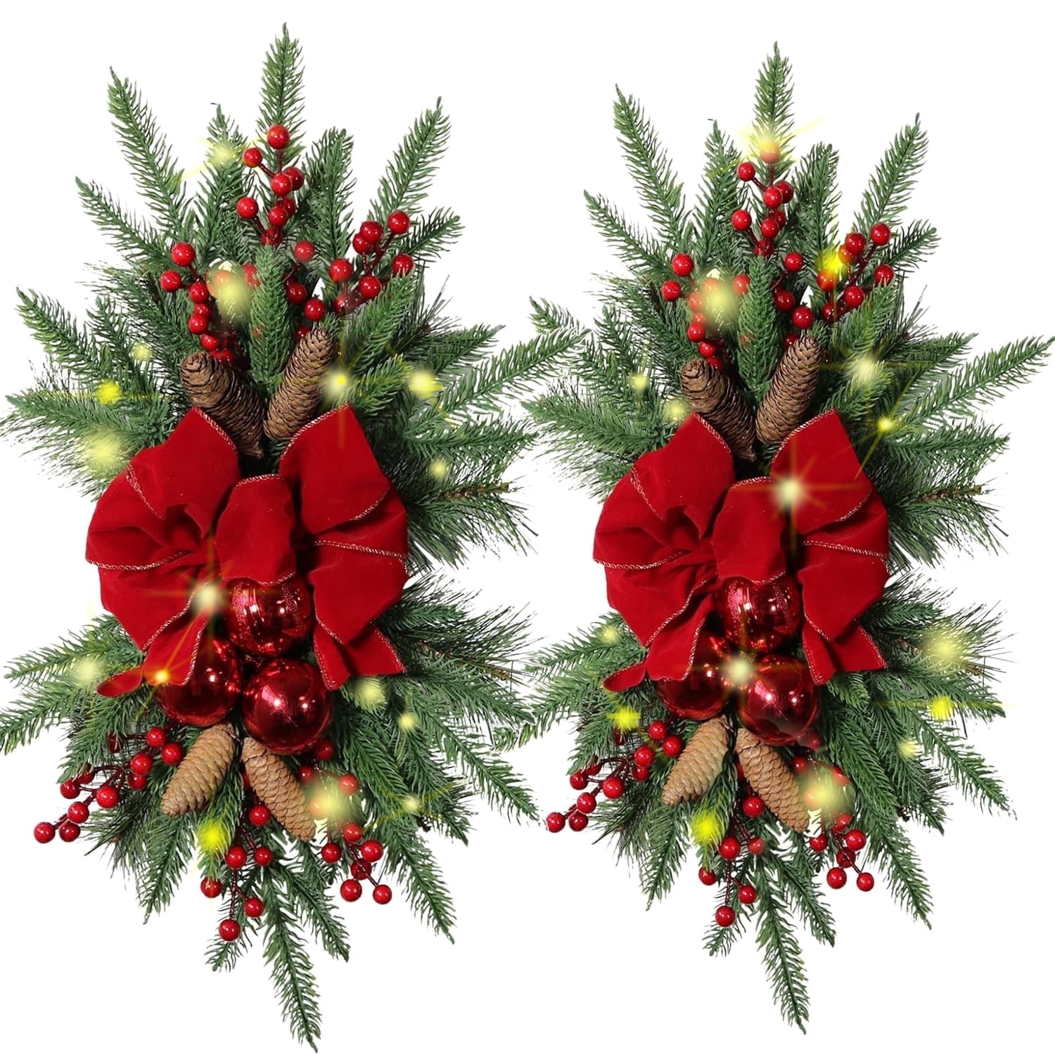 24 Artificial Christmas Teardrop Wreath,2PCS Christmas Swag Outdoor,Christmas Garland with Red Berry with Pine Cones Decor for Xmas Front Door Wall Window Hanging Decor