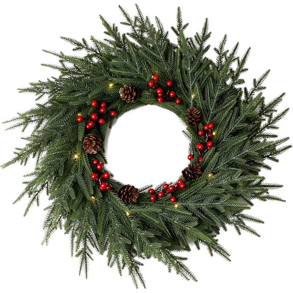 24" Artificial Christmas Wreath - Christmas Decorations - Norfolk Pine Wreath for Door,Fireplace,Wall,Windows,Indoor Outdoor -Christmas Wreaths for Front Door - With LED Lights