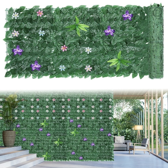 24 Artificial Dark Green Lobelia Leaves with Flowers Privacy Fence Screen, Hedgerow Flower Backdrop, Fence Decoration