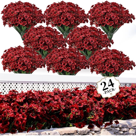 24 Artificial Flowers,Flowers OutdoorThe Four Seasons Plants Decoration UV Resistant Faux Silk Violet with Eucalyptus Leaves Outside Home Indoor Planter Porch Patio Balcony Yard Decor(Burgundy)