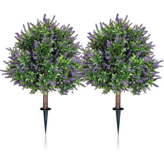 24" Artificial Lavender Topiary Balls Trees Set of 2 - Shrubs for Outdoor Porch, Garden, Patio, Balcony - No Watering, No Fade - Includes Ground Spikes