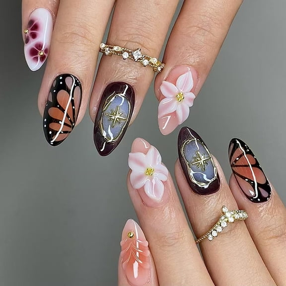 24PCS Floral False Nails With Crystal Rhinestones Glossys Ombres Design For Party Wedding Daily Wear