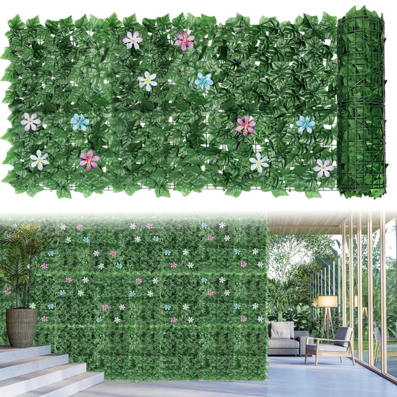 24 Artificial Peanut Leaf Privacy Fence Screens with Flowers for Balcony, Garden Fence Decorative Hedge Flower Backdrops