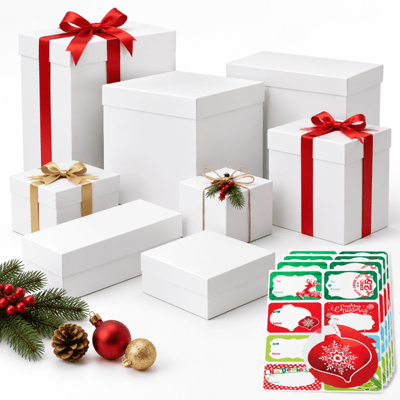 24 Assorted Size White Gift Boxes with Lids and 80 Occasion Stickers for Wrapping Clothes, Robes, and More