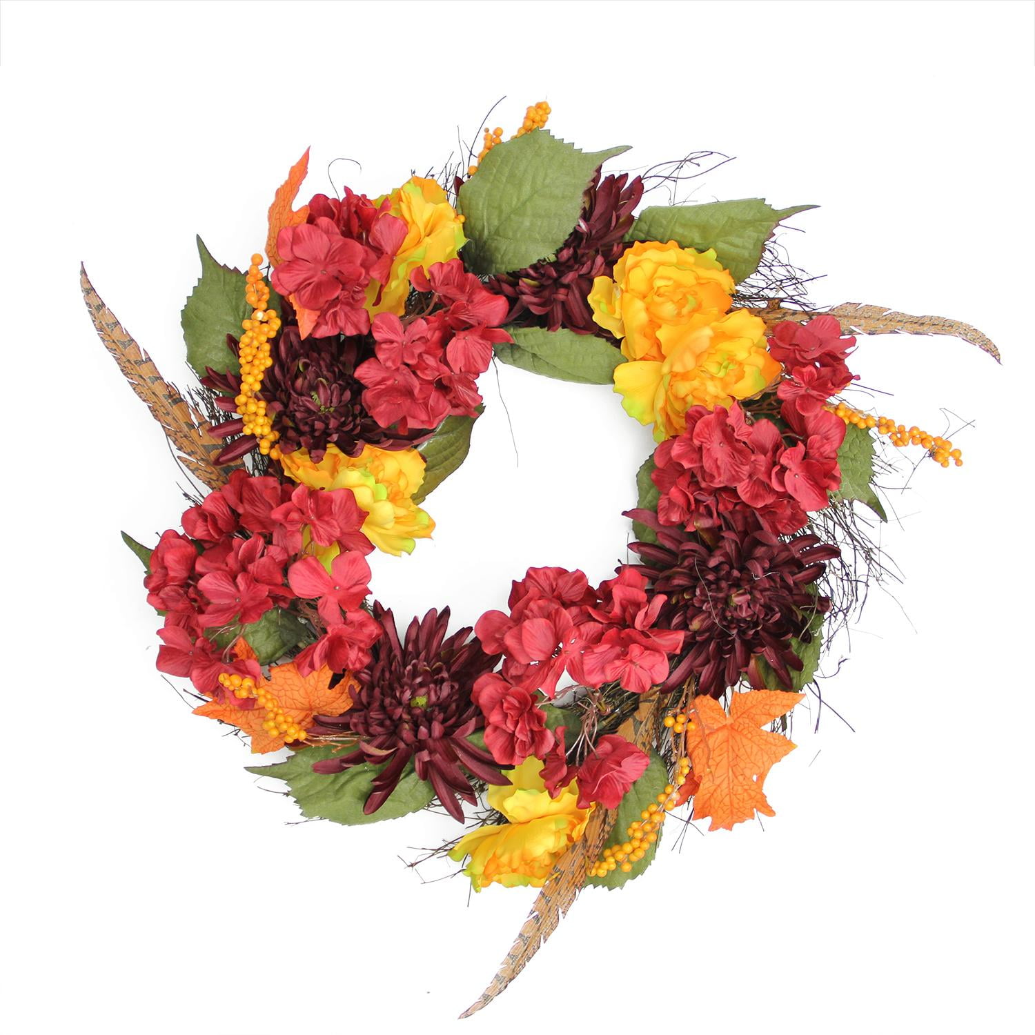 24" Autumn Harvest Artificial Floral Wreath with Feather Accents