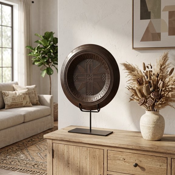 Boho Decorative Sculpture - Handcrafted Wood & Metal Artwork - Rustic Tabletop Accent for Home & Office - Stylish Living Room & Bedroom Decor - 24" Brown