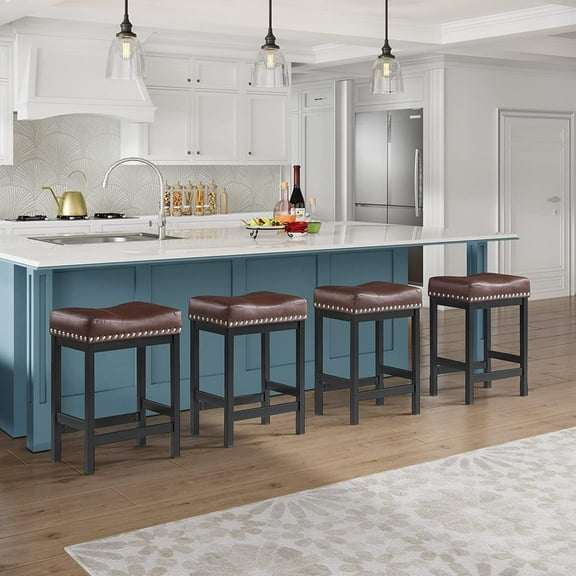 24" Backless Bar Stools, Set of 4 Counter Height Bar Stools, Leather Saddle Counter Stool, Brown