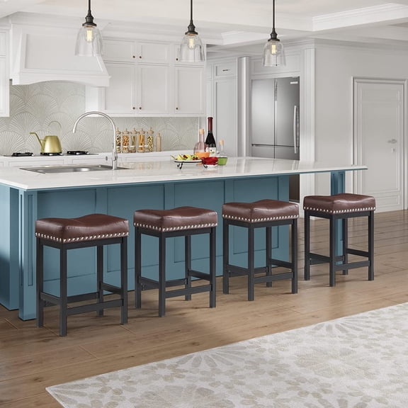 24" Backless Bar Stools, Set of 4 Counter Height Bar Stools, Leather Saddle Counter Stool, Brown
