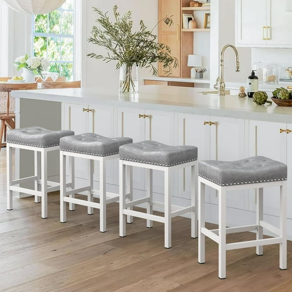 24" Backless Bar Stools, Set of 4 Counter Height Bar Stools, Leather Saddle Counter Stool, Gray