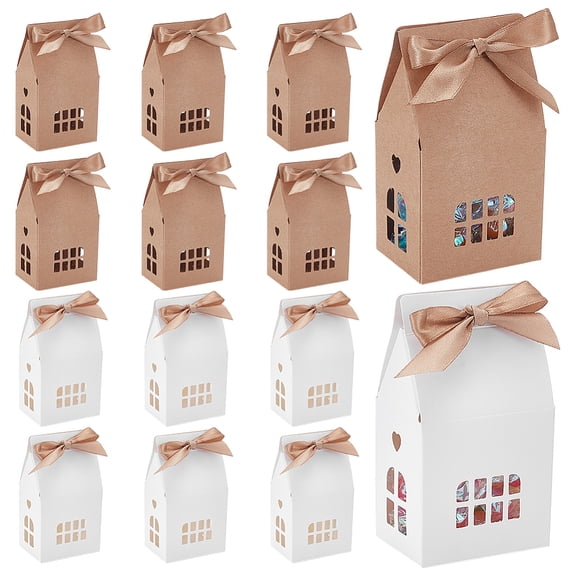 24 Bags 2 Colors Hollow House Shaped Cardboard Paper Candy Boxes Candy Gift Case with Polyester Ribbon Mixed Color 7.2x5.2x12.5cm 12 bag/color