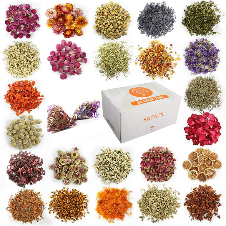 SACATR 24 Bags Dried Flowers,100% Natural Dried Flowers Herbs Kit for Soap Making, DIY Candle Making,Bath - Include Rose Petals,Lavende
