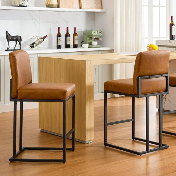 24" Bar Stools Set of 2, Counter Height Stools with Back, Modern PU Tall Bar Stools, Upholstered Counter Height Bar Chairs for Kitchen & Kitchen Island