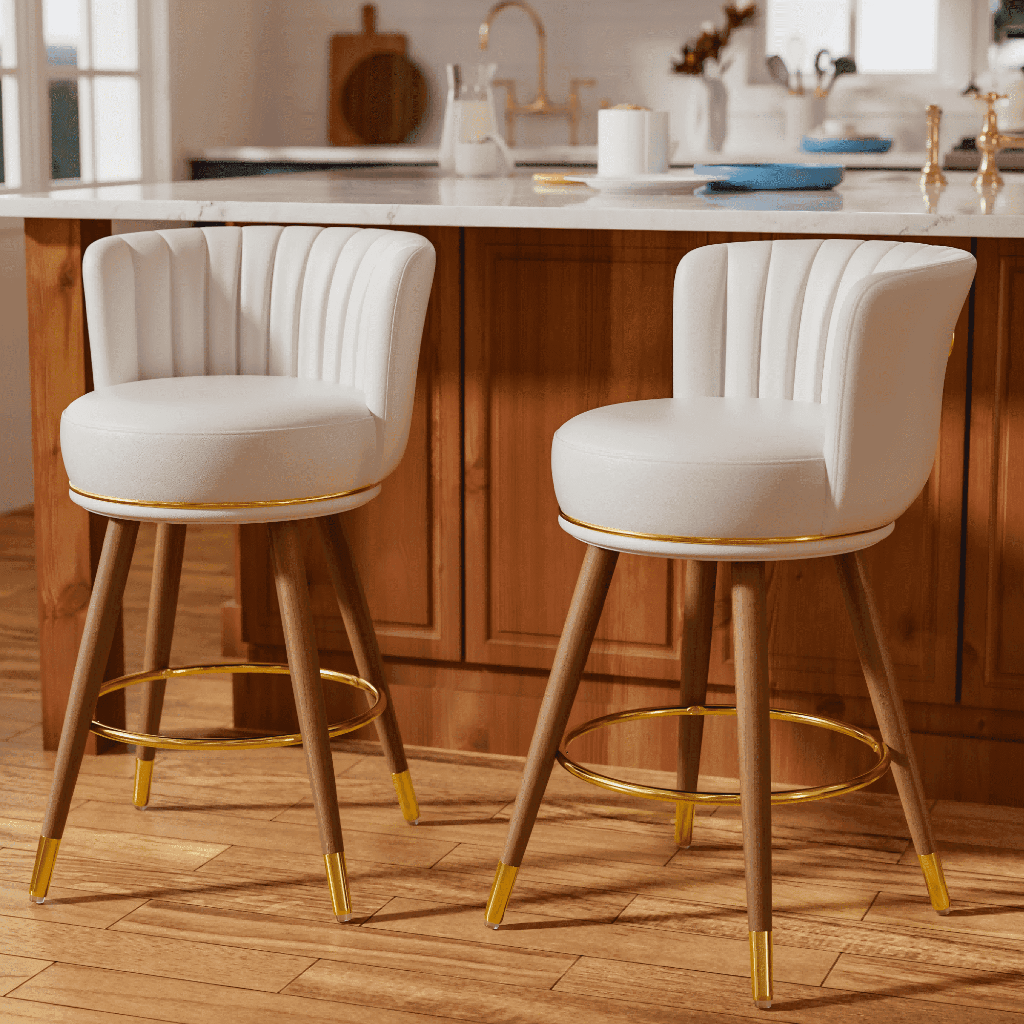 Homezeer Modern Leather 24 Swivel Bar Stools Set of 2 Counter Height Pub Chairs with Wood Legs Brown Walmart