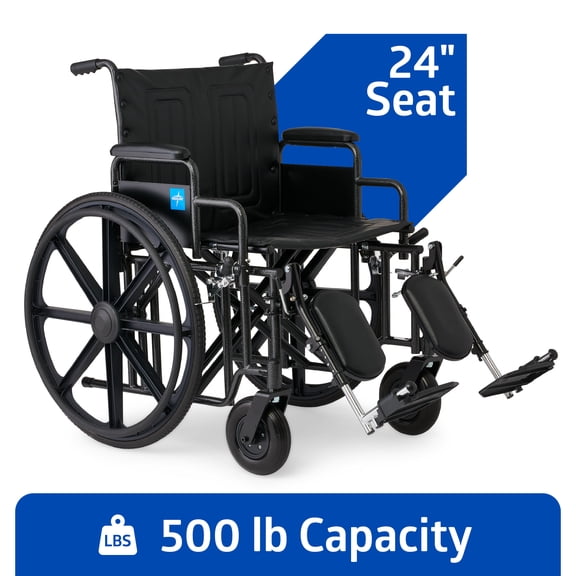 Medline Bariatric Wheelchair, 500 lb Weight Capacity, 24" Seat, Removable Desk-Length Armrests and Elevating Leg Rests