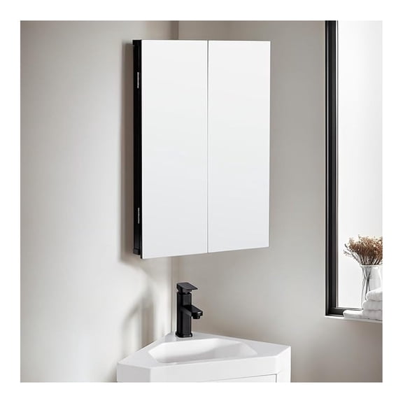 24" Bathroom Corner Medicine Cabinet W/Mirror, Double Doors Bathroom Black Wall Mount Mirror Cabinet, Hanging Triple Shelf Storage Cabinet Opens Left and Right