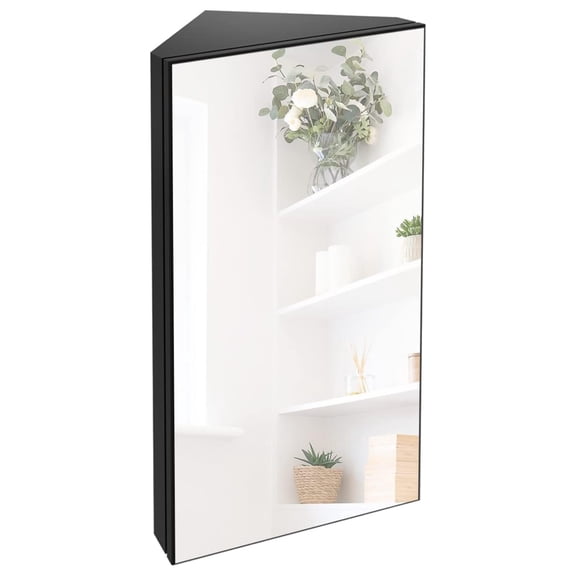 24" Bathroom Corner Medicine Cabinet W/Mirror, Single Door Bathroom Black Wall Mount Mirror Cabinet, Hanging Triple Shelf Storage Cabinet Opens Left to Right