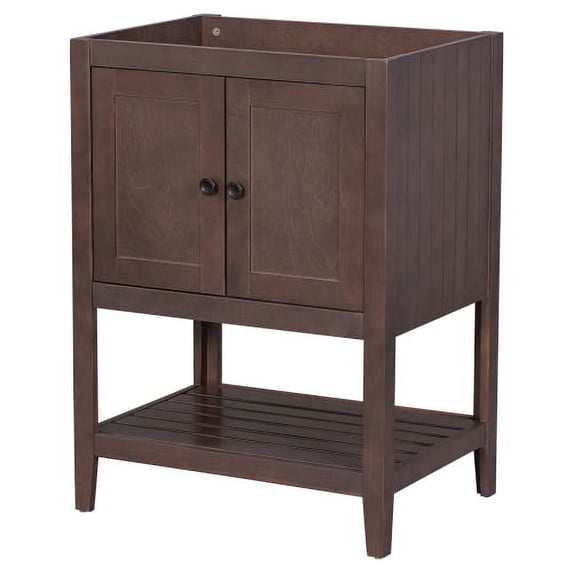 24" Bathroom Vanity Base Only, Soild Wood Frame, Bathroom Storage Cabinet with Doors and Open Shelf, Brown(Sink Basin Not Included)