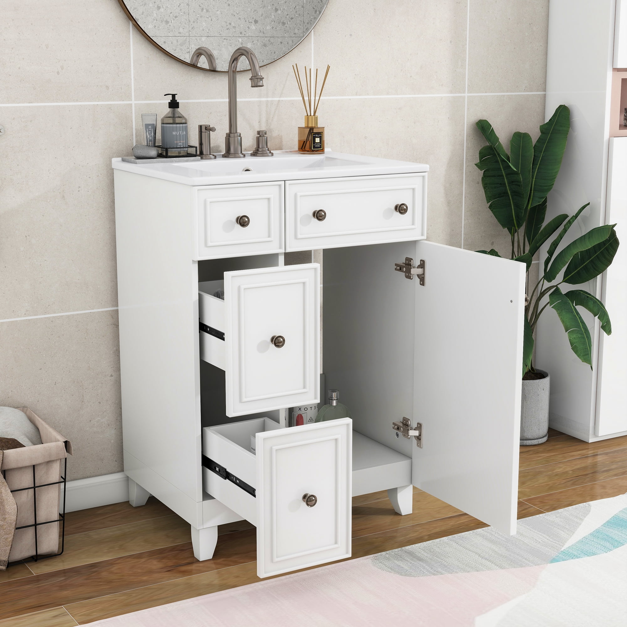 24" Bathroom Vanity Cabinet with Ceramic Sink, 2 Drawers + 1 Door,Compact Design for Small Bathrooms
