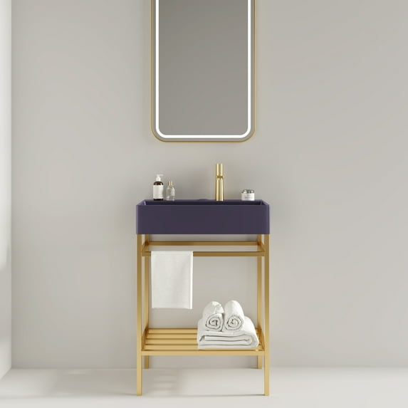 24" Bathroom Vanity with Ceramic Basin, Freestanding Bathroom Console Sink Set, Glossy Purple Rectangular Ceramic Basin without Faucet, Open Metal Leg, Storage Shelves, Gold