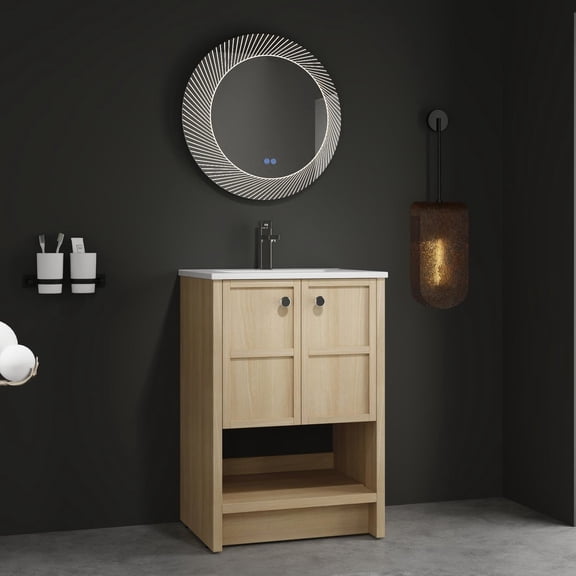 24" Bathroom Vanity with Ceramic Basin and Soft-Closing Function | Suitable for a Practical Bathroom Design | Plywood and Oak, Sturdy and Attractive | Resolves Storage and Aesthetic Demands