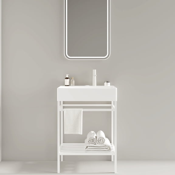 24" Bathroom Vanity With Ceramic Basin - White Glossy, Freestanding Console Sink, Modern Appeal, Iron Shelf, Simple Assembly Method In White, Enchantment, Robust Convenient Fashion