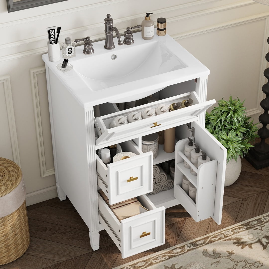 24" Bathroom Vanity with Ceramic Sink, Freestanding Vanity with Flip Drawer and Storage Rack,  Solid Wood Cabinet with Adjustable Shelf and Drawers for Bathroom, White