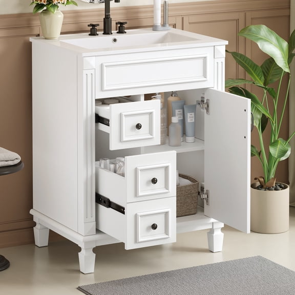 24" Bathroom Vanity with Ceramic Sink, Small Bathroom Vanity with 2 Drawers, Modern Vanity with Adjustable Shelf for Powder Room, Guest Bath, Apartment, White