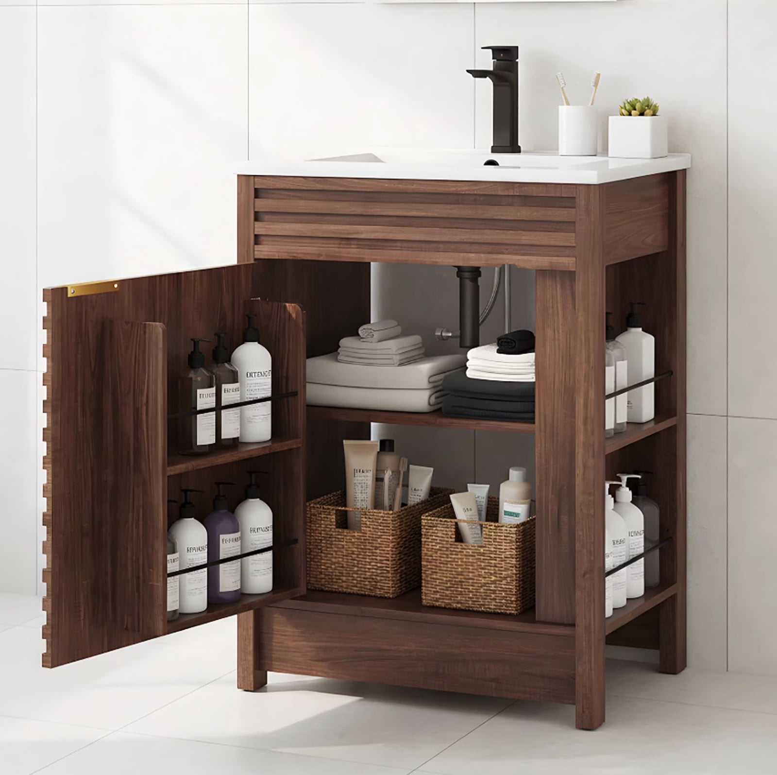 24" Bathroom Vanity Combo with Ceramic Sink & Faucet, Modern Light Oak Single Vanity Set with Fluted Door, Over-the-Door Storage Bthroom Cabinet with 2-Tier Side Shelves for Small Space