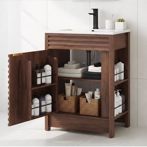 24" Bathroom Vanity Combo with Ceramic Sink & Faucet, Modern Light Oak Single Vanity Set with Fluted Door, Over-the-Door Storage Bthroom Cabinet with 2-Tier Side Shelves for Small Space