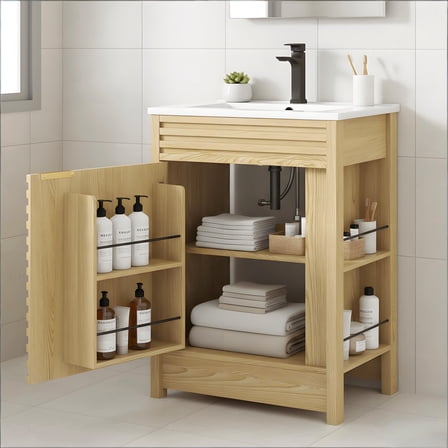 24" Bathroom Vanity Combo with Ceramic Sink & Faucet, Modern Light Oak Single Vanity Set with Fluted Door, Over-the-Door Storage Bthroom Cabinet with 2-Tier Side Shelves for Small Space