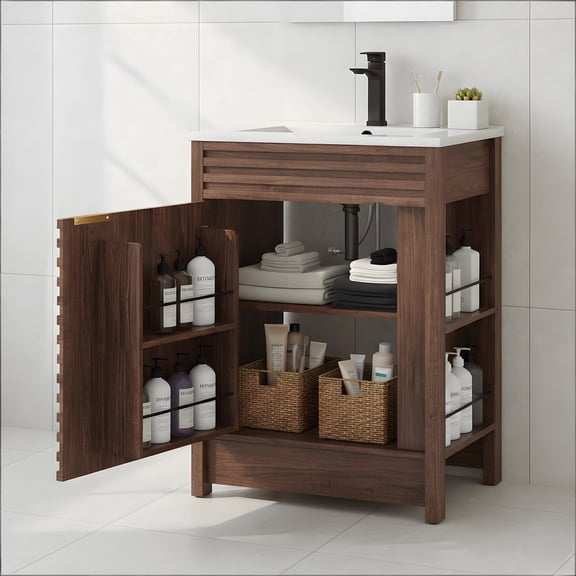 24" Bathroom Vanity Combo with Ceramic Sink & Faucet, Modern Light Oak Single Vanity Set with Fluted Door, Over-the-Door Storage Bthroom Cabinet with 2-Tier Side Shelves for Small Space
