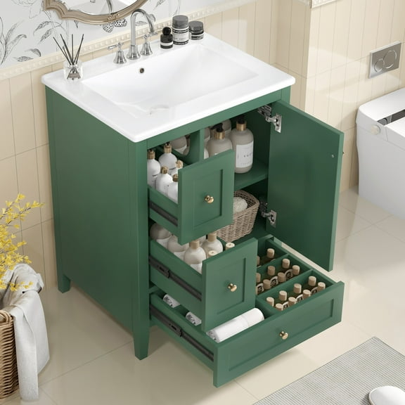 24" Bathroom Vanity with Ceramic Sink, Wooden Bathroom Storage Cabinet with 3 Drawers and Removable Dividers, Free Standing Storage Cabinet With Sink Combo Set, Dark Green