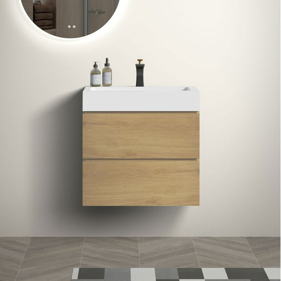 24" Bathroom Vanity, Modern Floating Washstand with Sink, 2 Drawers, Sleek Handle-free Design, Wall Mounted Vanity for Bathroom, Apartment, Guest Room, White & Oak