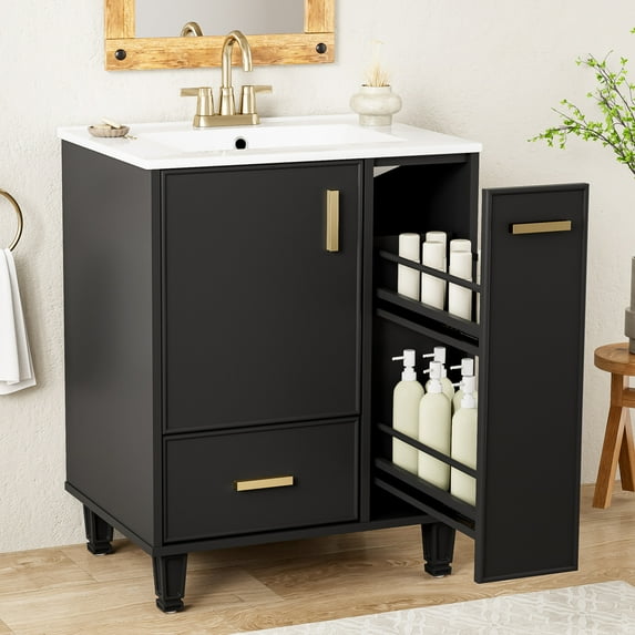 24" Bathroom Vanity with Sink, Bathroom Cabinet with Door Shelf, Deep Drawer, 2-Tier Pull-Out Basket, Solid Wood Frame and MDF Board, Easy Assembly, Modern Bathroom Cabinet for Bathroom, Black