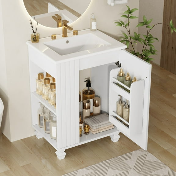 24" Bathroom Vanity with Sink Combo, Freestanding Bathroom Cabinet with Side Open Storage, Door Shelf and 1 Soft Closing Door, Solid Wood Frame, White