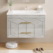 24" Bathroom Vanity with Sink, Floating Bathroom Vanity with Ceramic Basin, 2 Large Storage Drawers with Gold Metal Handle, Modern Wall Mounted Bathroom Cabinet with Sink, Grey