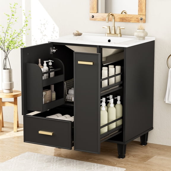 24" Bathroom Vanity with Sink, Free Standing Vanity Set with Door Shelf, Deep Drawer, and 2-Tier Pull-Out Basket, Wood Bathroom Cabinet with Ceramic Basin for Bathroom, Black