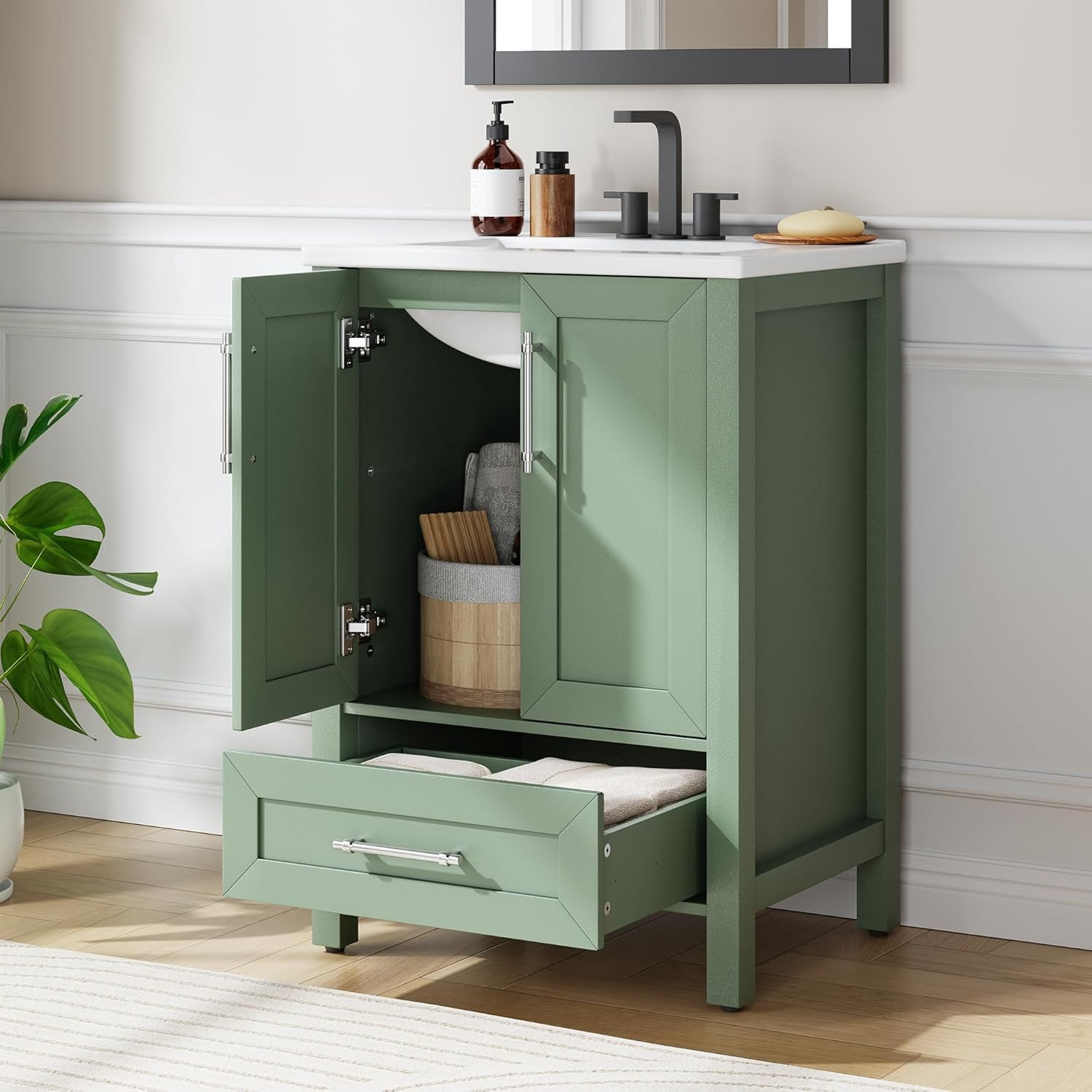 24" Bathroom Vanity with Sink, Freestanding Wooden Bathroom Vanity Cabinet with Soft-Closing Door and Metal Handle, Modern Floor Standing Storage for Small Spaces，Light Green