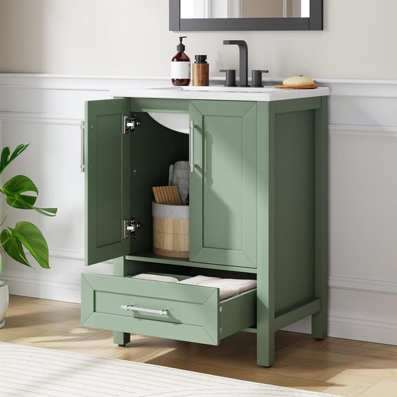 24" Bathroom Vanity with Sink, Freestanding Wooden Bathroom Vanity Cabinet with Soft-Closing Door and Metal Handle, Modern Floor Standing Storage for Small Spaces,Light Green