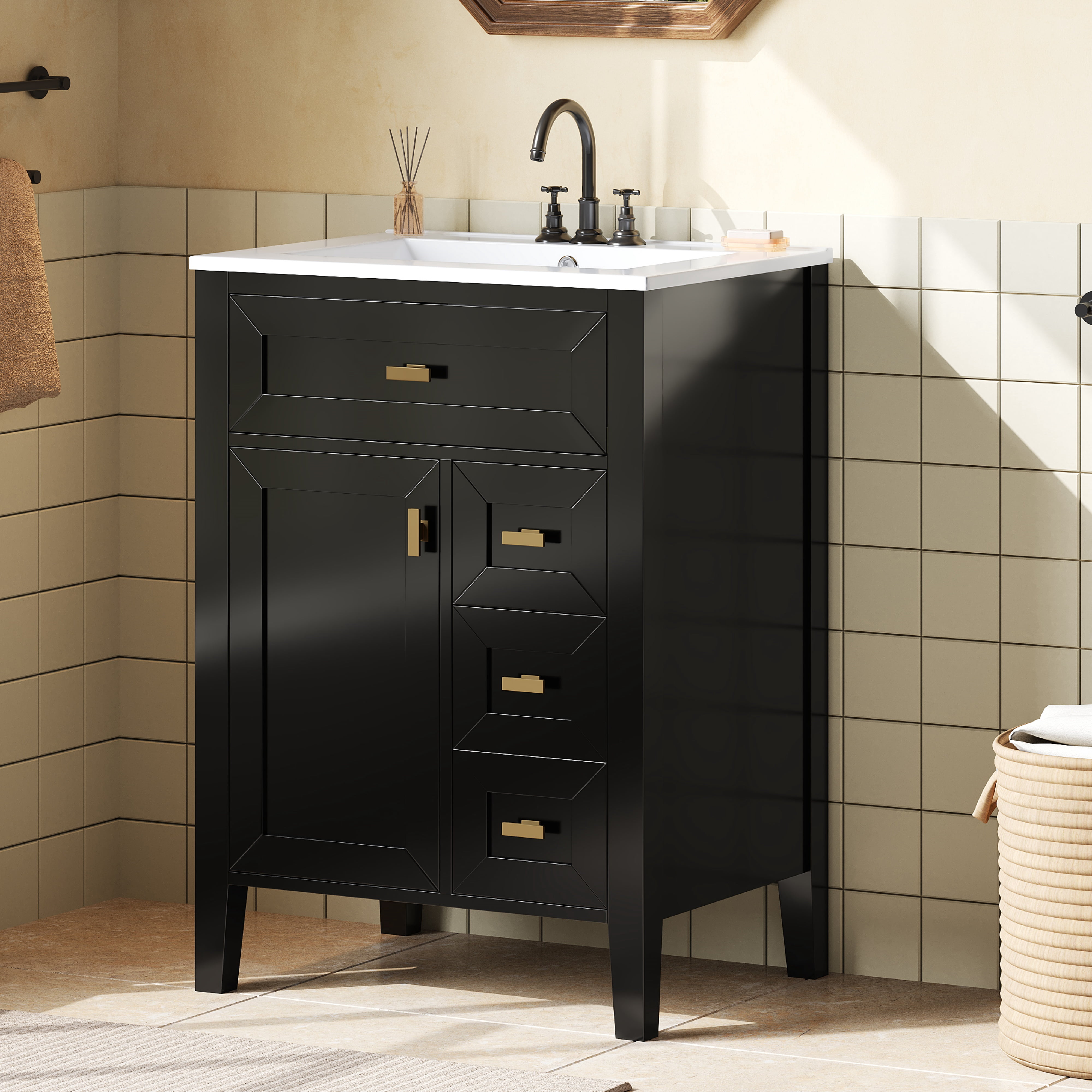 24" Bathroom Vanity with Sink, MDF & Rubberwood Construction, 3 Drawers & Cabinet with 2-Tier Door Storage Rack, Soft-Close Door & Drawers, Modern Design for Small to Medium Bathrooms