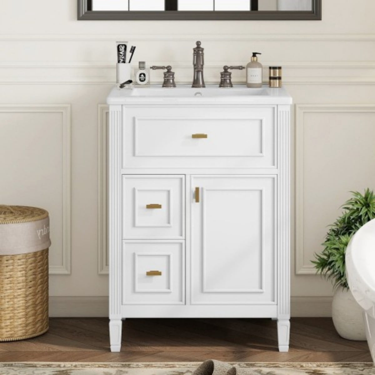 24" Bathroom Vanity with Sink, Modern Bathroom Cabinet with Ceramic Undermount Sink, Solid Wood & MDF Storage Cabinet with Flip Drawer, Adjustable Shelf, White